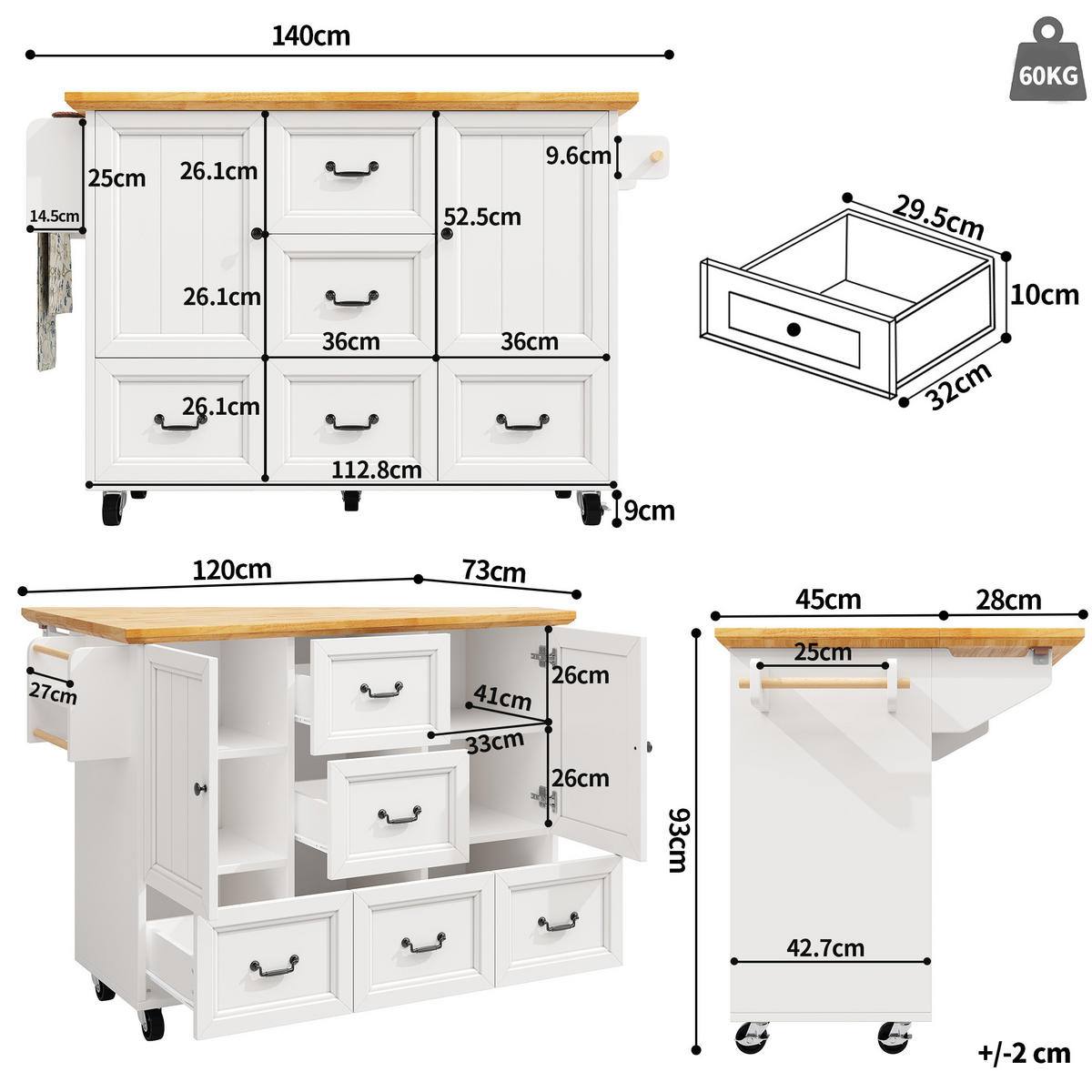 KÜCHENINSEL klappbar 120 x 73 x 92,5 cm Weiß MDF/Metall - Weiß, Metall (45/93/120cm) - Beauniv