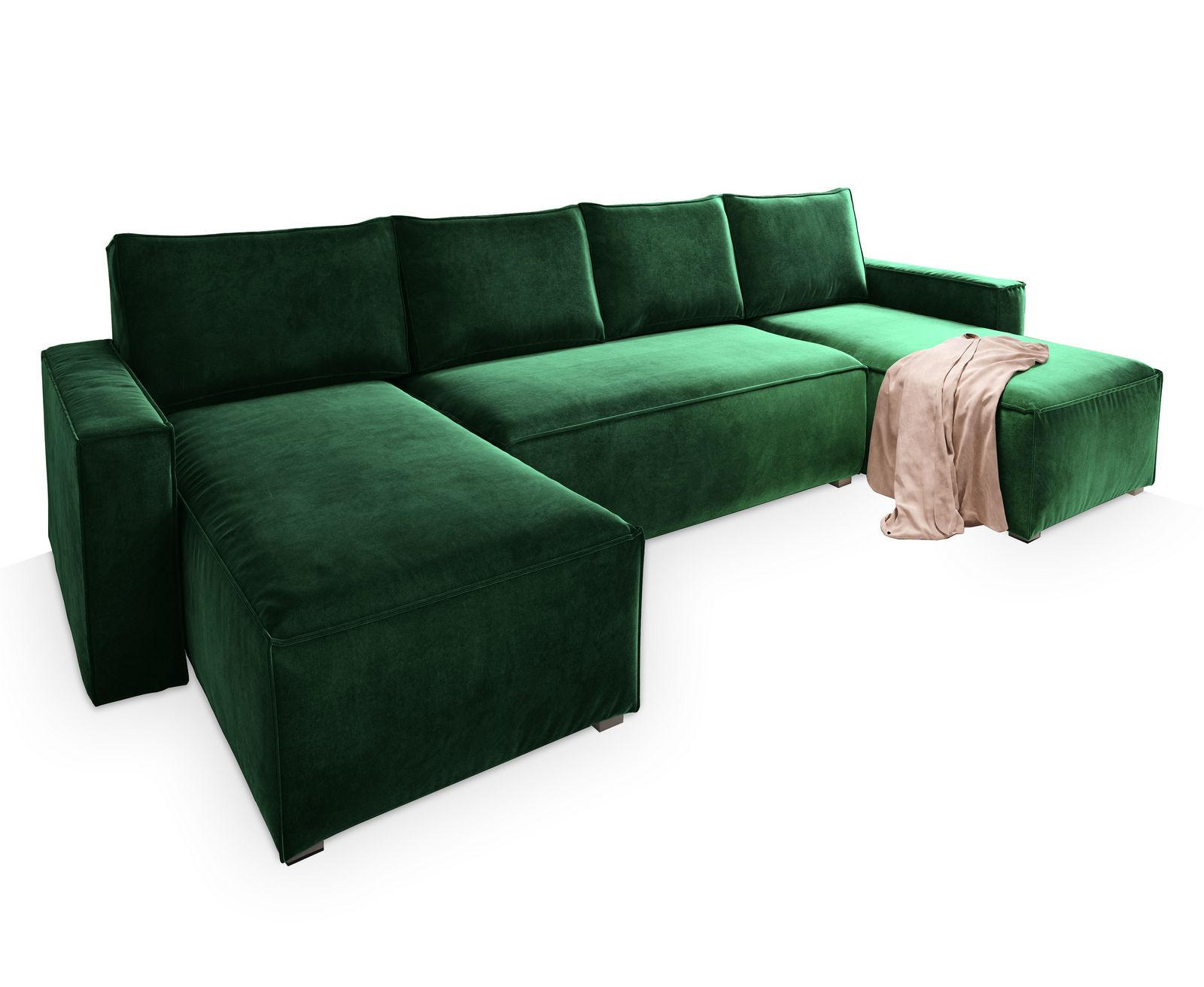 WOHNLANDSCHAFT DENI Grün Velours-Stoff mit Schlaffunktion - Grün, Holz (295/85/140cm) - MASSENO