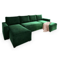 WOHNLANDSCHAFT DENI Grün Velours-Stoff mit Schlaffunktion - Grün, Holz (295/85/140cm) - MASSENO