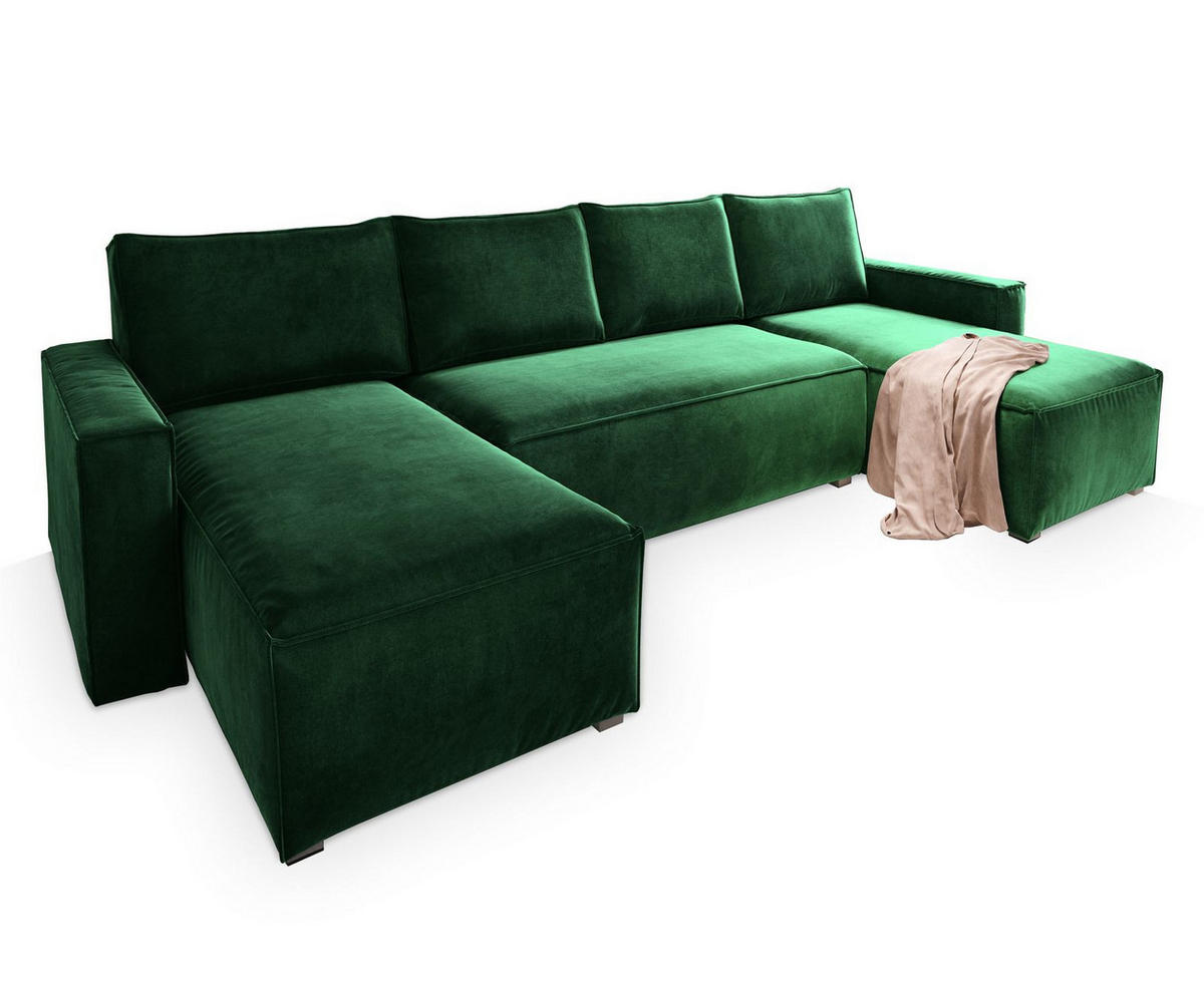 WOHNLANDSCHAFT DENI Grün Velours-Stoff mit Schlaffunktion - Grün, Holz (295/85/140cm) - MASSENO