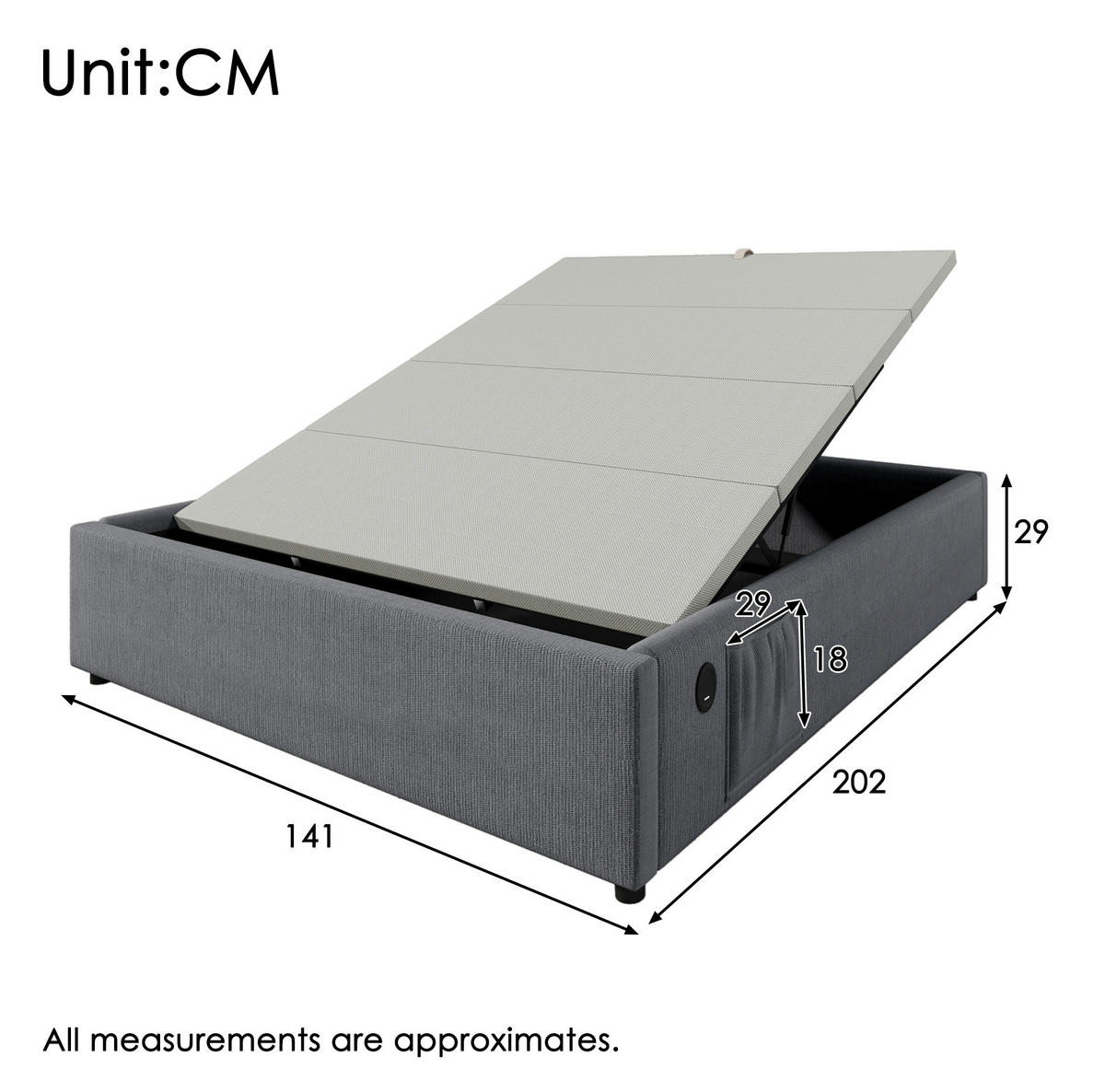 BETT mit Stauraum und USB-C 140x200 cm Grau - Grau, Metall (140/200cm) - Meubliv