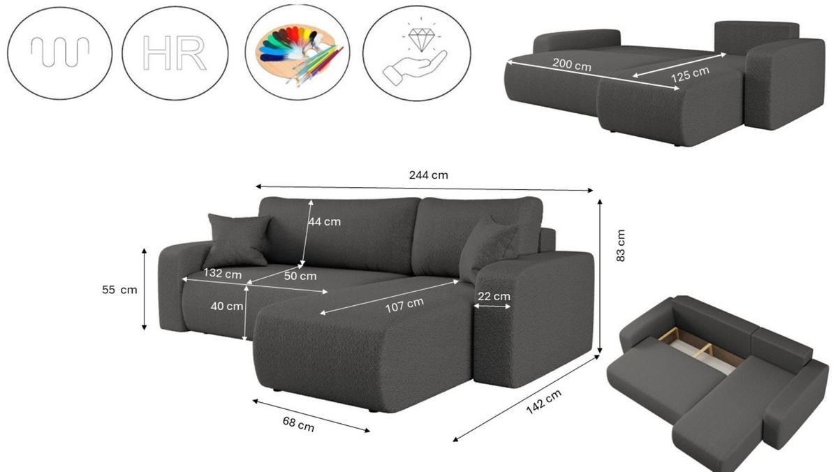 ECKSOFA L-FORM Schlaffunktion Und Bettkasten Eckcouch MILANO L Stoff Quelle Graphit Rechts - Graphitfarben, Holz/Textil (244/142cm) - Kaiser Möbel