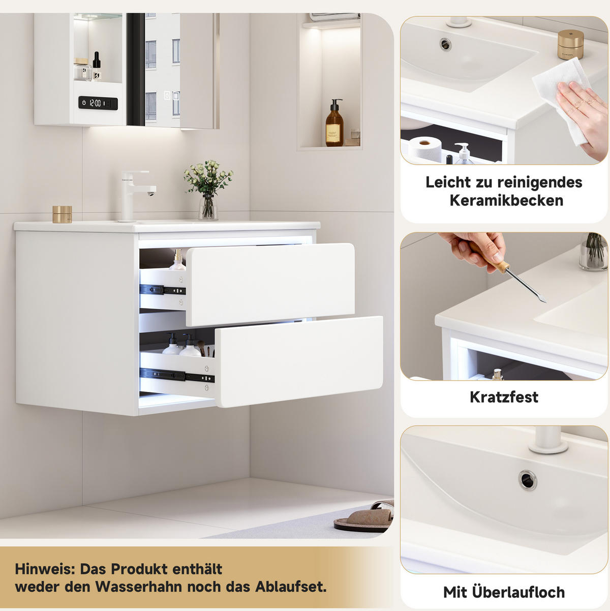 WASCHTISCHKOMBI 76/46/48,5 cm Weiß aus MDF und Keramik mit LED-Radarsensor-Beleuchtung - Weiß, Holzwerkstoff (76/58.5/46cm) - OKMYHOME