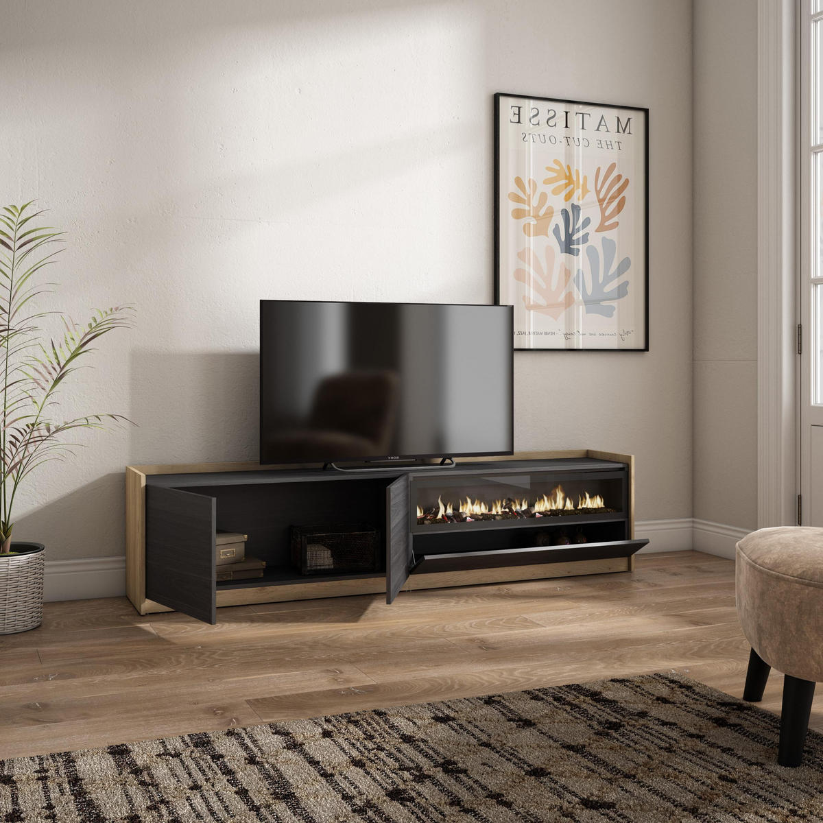 TV-SCHRANK, Lowboard, Schwarz Eiche, Elektrokamin, 207/37/50cm - Schwarz, Holzwerkstoff (207/50/37cm) - Skraut Home