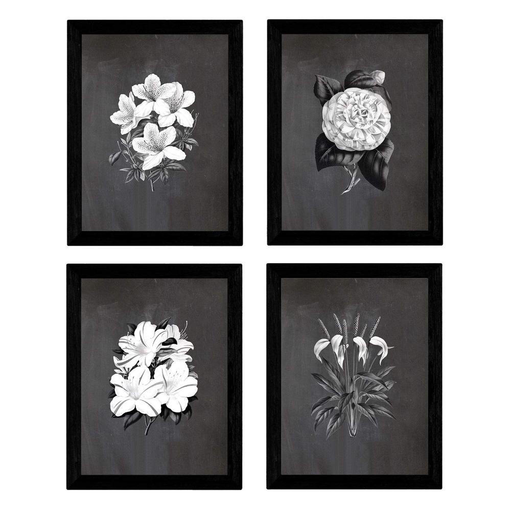 POSTER Set mit 4 Botanische Schwarz Hintergrund Lila Blumen A3 Rahmenlos - Klar, Papier (29.7/3cm) - Nacnic