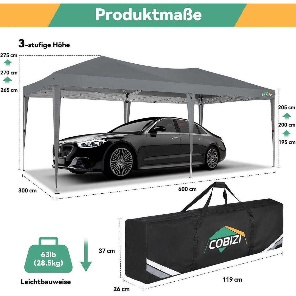 FALTPAVILLON 3x6m Grau mit 6 Seitenteilen, UV Schutz 50+ und höhenverstellbar - Grau, Textil (300/275/600cm)