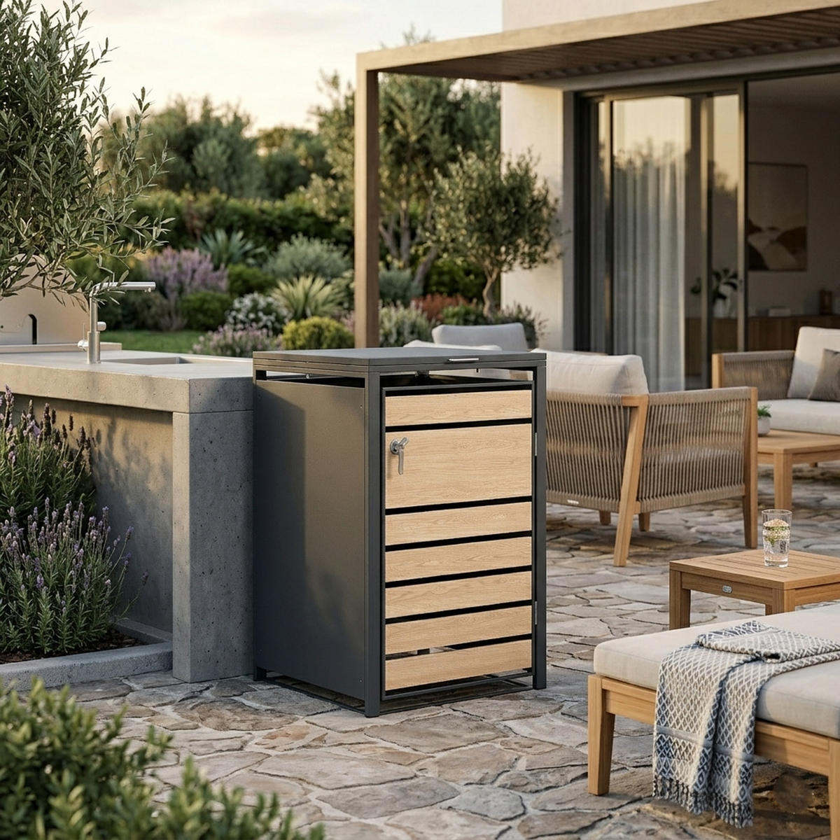 MÜLLTONNENVERKLEIDUNG Liverpool - Mülltonnenbox für 1 - in Holzoptik - , Stahl pulverbeschichtet verzinkt, anthrazit - Grau, Metall (66/116/80cm) - TPFGarden