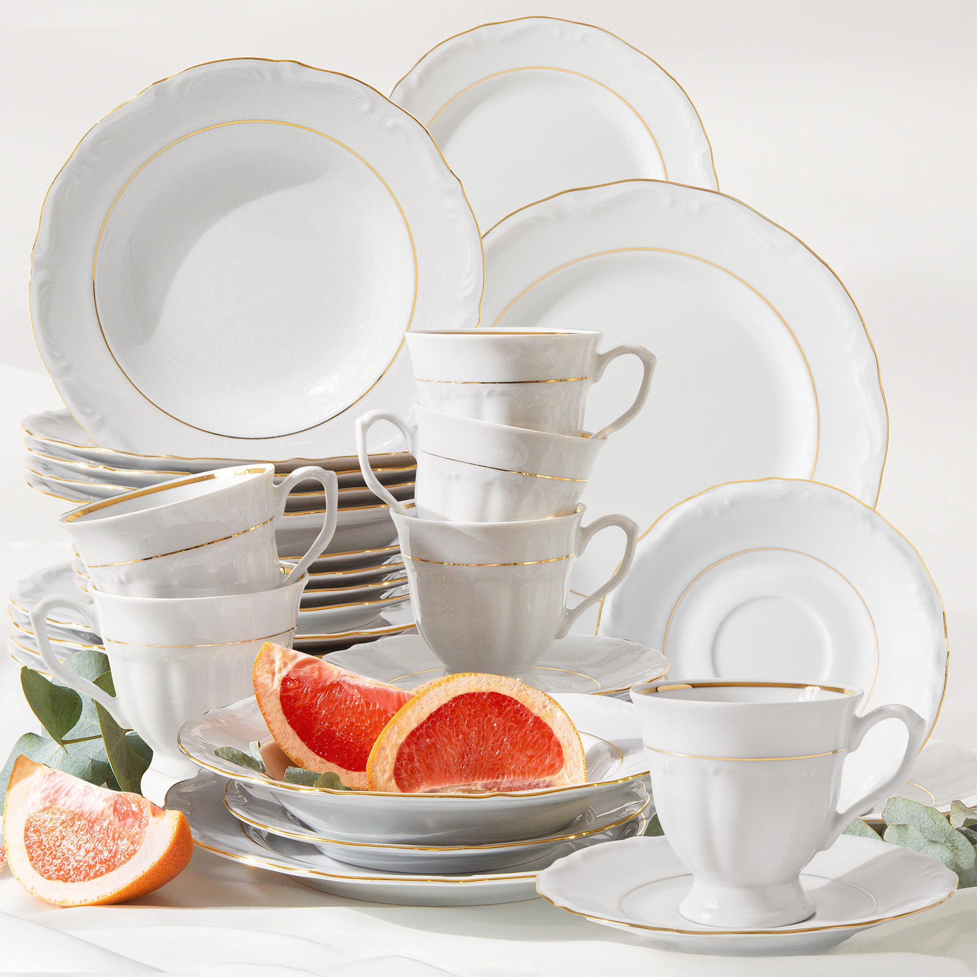 KOMBISERVICE Chodziez MARIA TERESA 30-tlg Porzellan mit Goldrand, Weiß / Gold - Goldfarben/Weiß, Keramik (25/8/25cm) - KONSIMO®