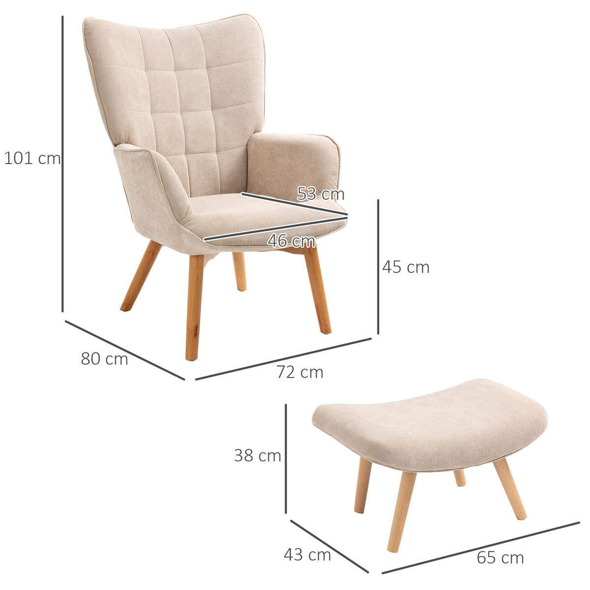 OHRENSESSEL mit Hocker, Relaxsessel, Polstersessel in Cord-Optik, mit Holzbeine - Beige, Holz (80/101/72cm) - HOMCOM