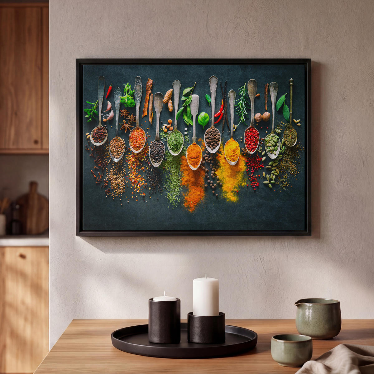 LEINWAND Bilder mit Rahmen - Kräuter - Gewürze - Löffel - 40x30 - Currygelb, Textil (40/30cm) - MuchoWow