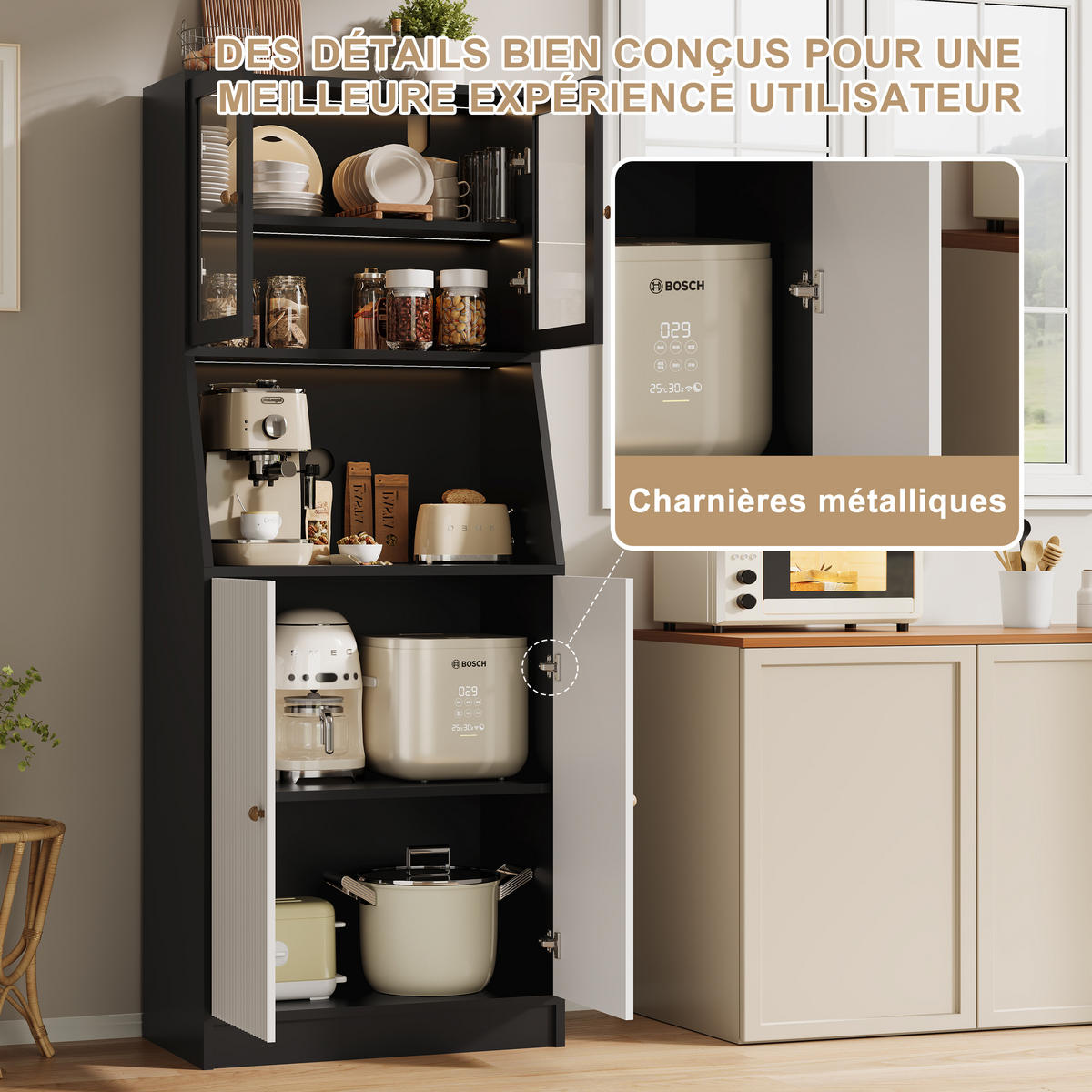 BUFFET hoch 40x70x180 cm LED Arbeitsplatte Stauraum schwarz - Schwarz, Holz (70/180/40cm) - Fortuna Lai