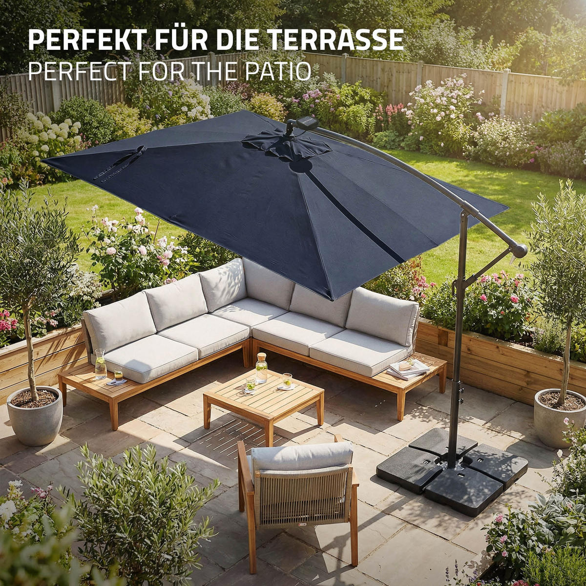 AMPELSCHIRM Ø 330 cm in Navy Blau aus Aluminium mit LED-Solar - Blau, Metall (330/330cm) - ML-DESIGN