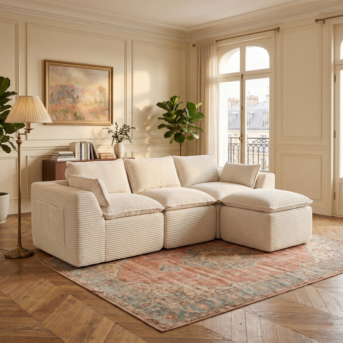 3-SITZER-SOFA aus Chenille, mit Fußhocker und Getränkehalter - Beige, Textil (256/75/161cm) - Urban Meuble