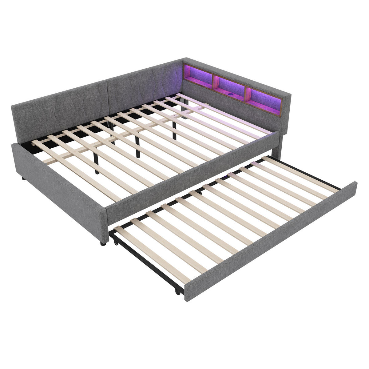 KREVET 140/200 cm s USB i Type-C priključkom, LED osvjetljenjem i odjeljcima za odlaganje, Siva - siva, tekstil (140/200cm) - Redom