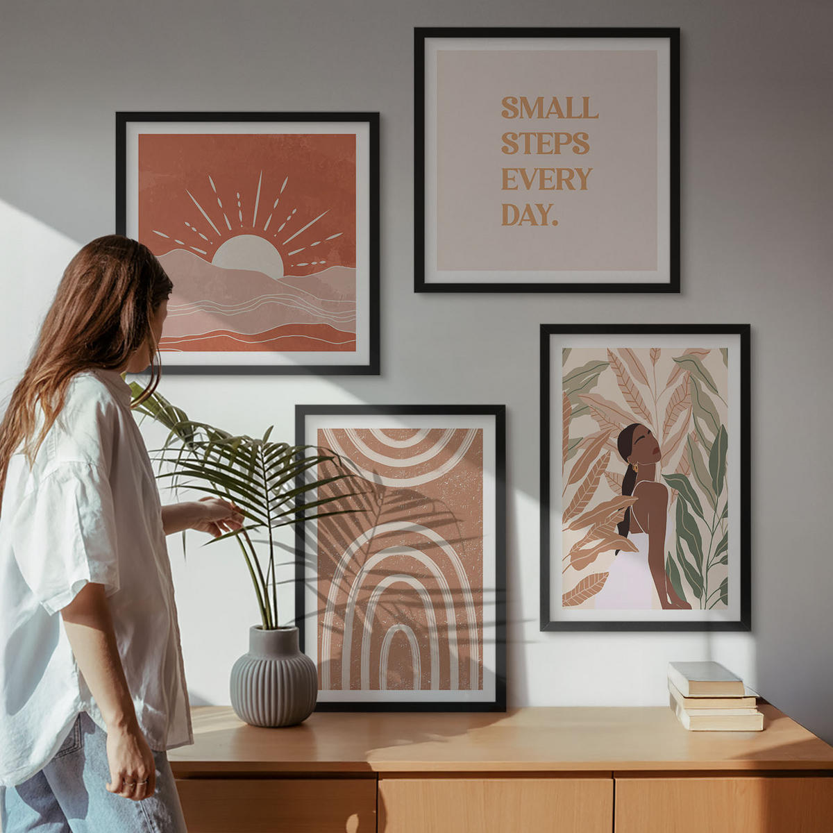 WANDBILDER 4er-Set - 50x50 cm & 40x60 cm Schwarzer Rahmen - abstrakte Formen im Boho-Stil - Schwarz, Kunststoff (50/50cm) - ArtPrintCave