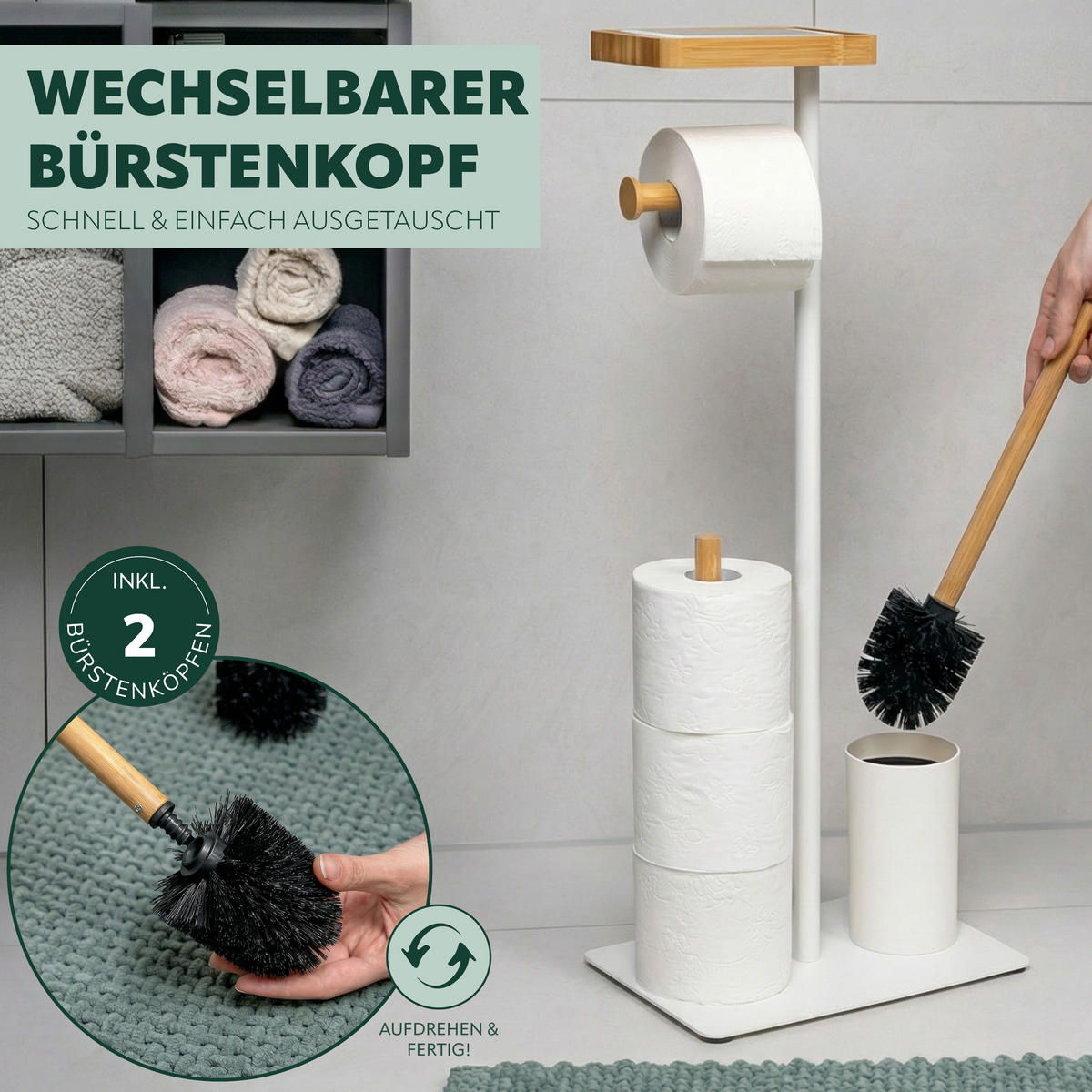 STAND-WC-GARNITUR 4in1, Bambus/Metall weiß - Weiß, Metall (30/68/18cm) - eluno