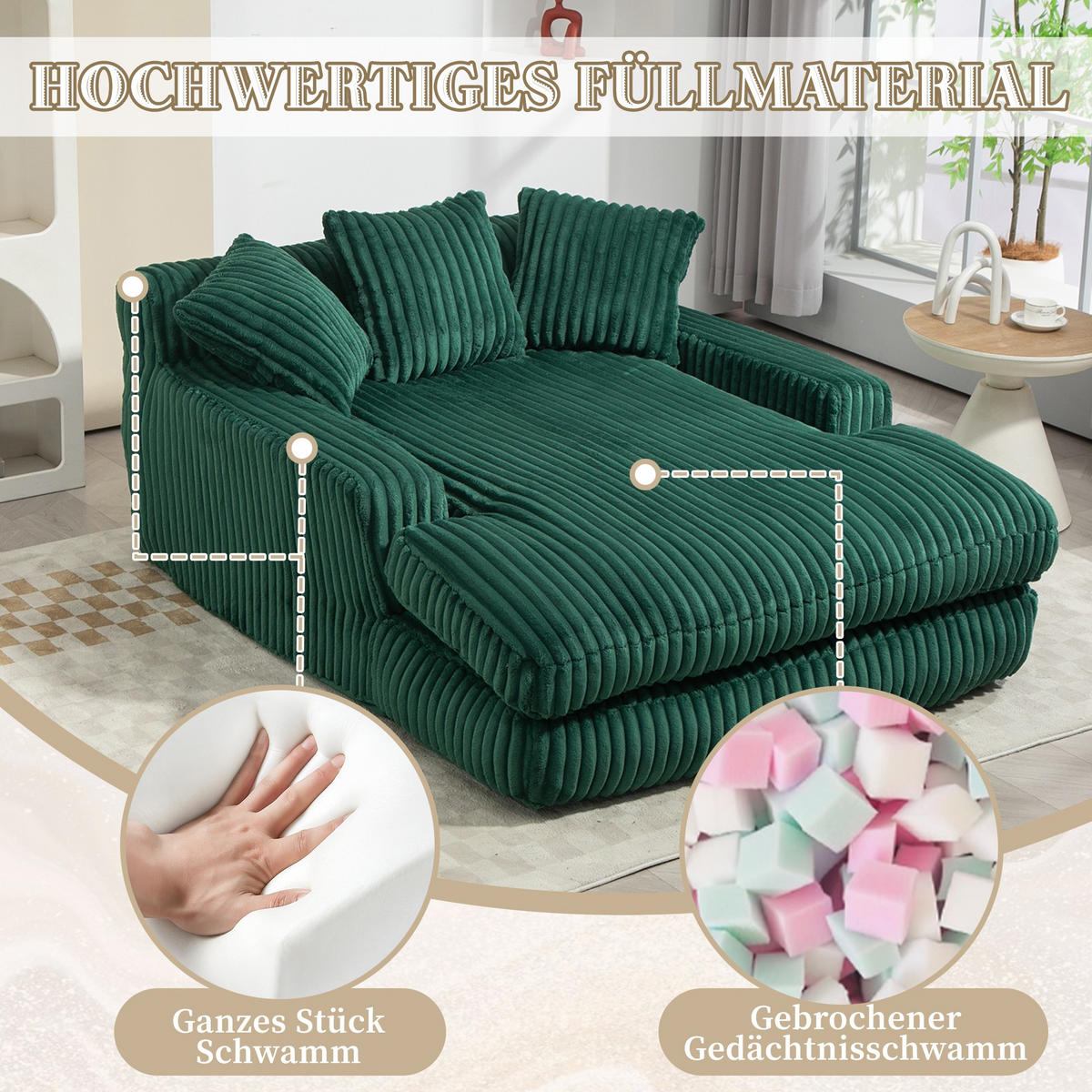 SCHLAFSOFA Relaxliege mit 3 Zierkissen,Lounge Sofa,Polstersofa,Cord,Grün - Grün, Textil (125/63/155cm) - LVHOM