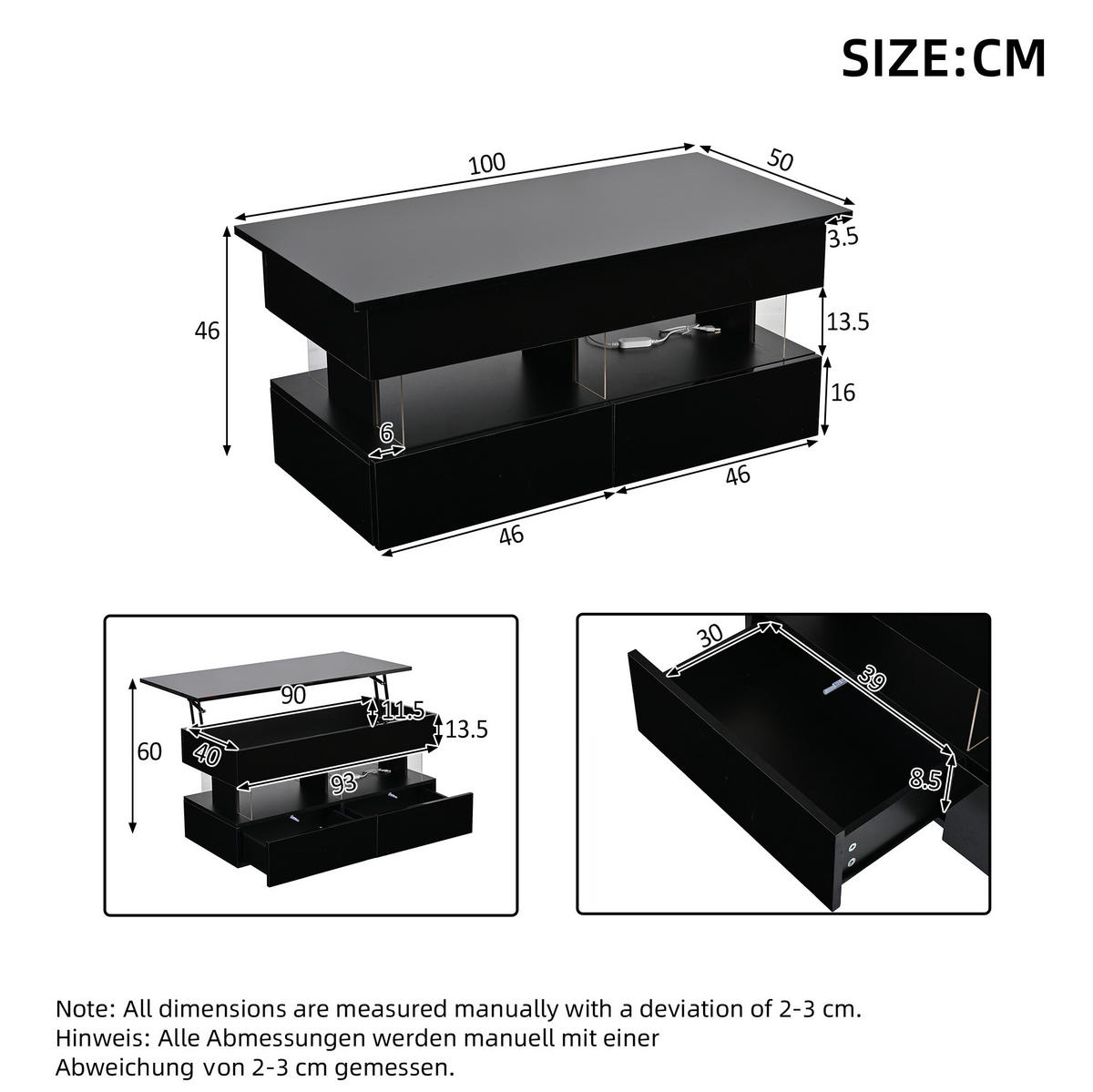COUCHTISCH höhenverstellbar 100 x 50 x 46 cm Schwarz - Schwarz, Holzwerkstoff (100/50/46cm) - Meubliv