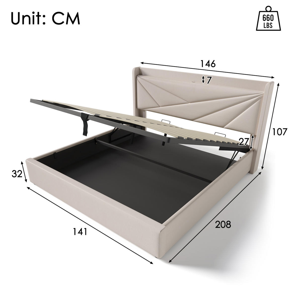 POLSTERBETT 140/200 cm aus Baumwoll-Leinen-Mix mit Bettkasten und USB-C Beige - Beige, Textil (140/200cm) - Modenvie