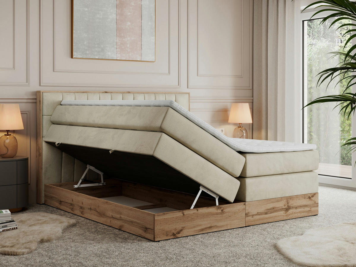 BOXSPRINGBETT AMORE KING 180/200 Beige Velvet - H3 - Beige, Holz/Textil (180/200cm) - MKS