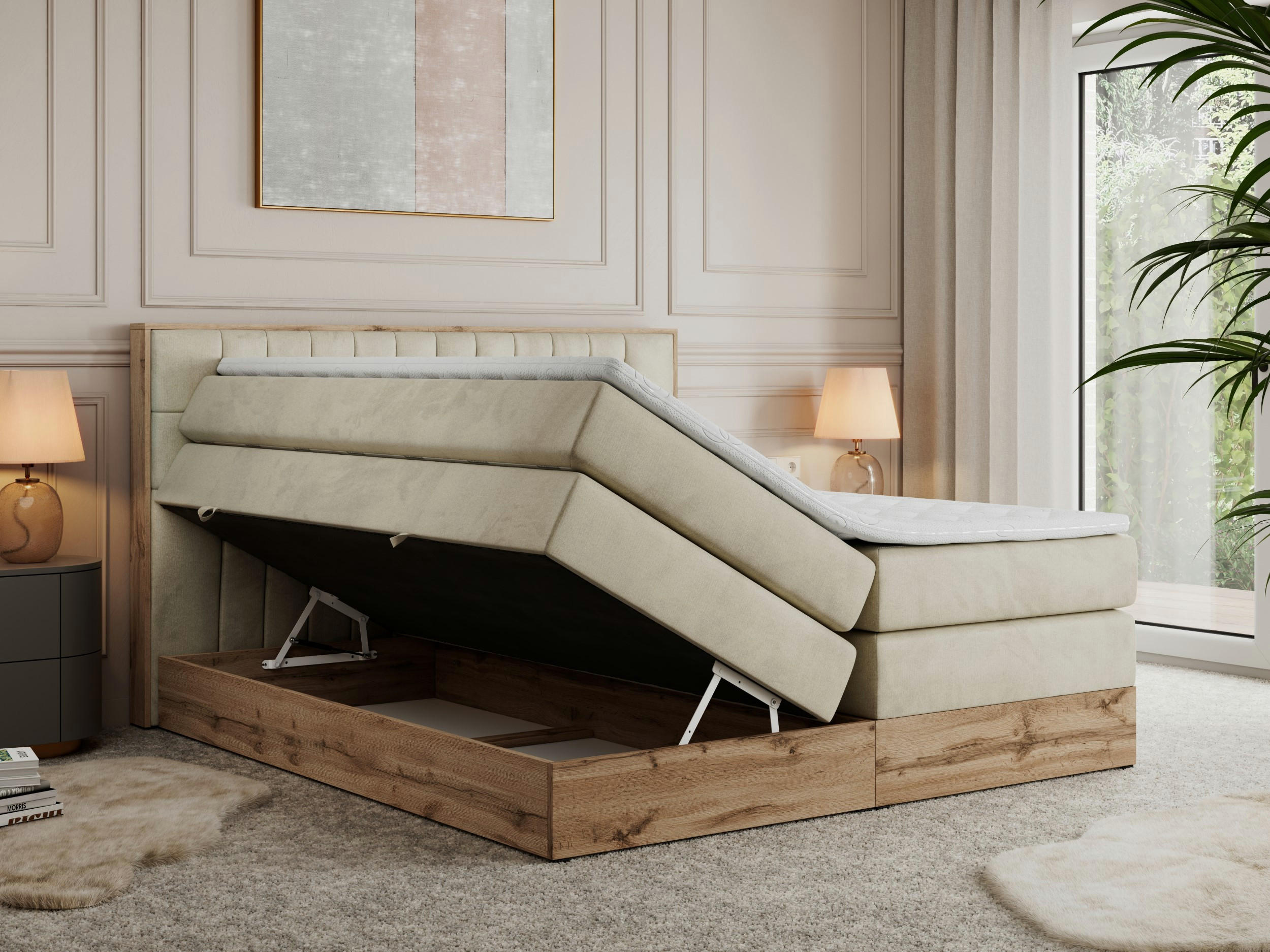 Thumbnail - MKS Boxspringbett, Beige, Textil, 2-Sitzer, H3, Rechteckig, 200x200 cm, Schlafzimmer, Betten, Boxspringbetten
