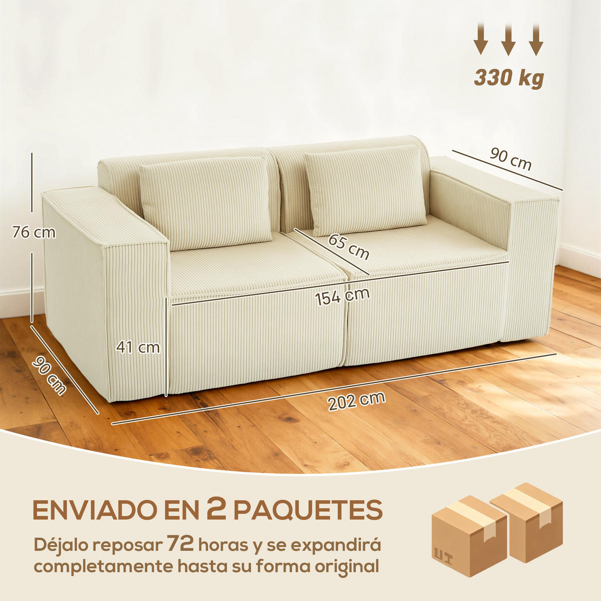 SOFA, 3-Sitzer, Cord, dicke Polsterung, extra tief, beige - Multicolor, Holzwerkstoff (202/76/90cm) - FORIOUS