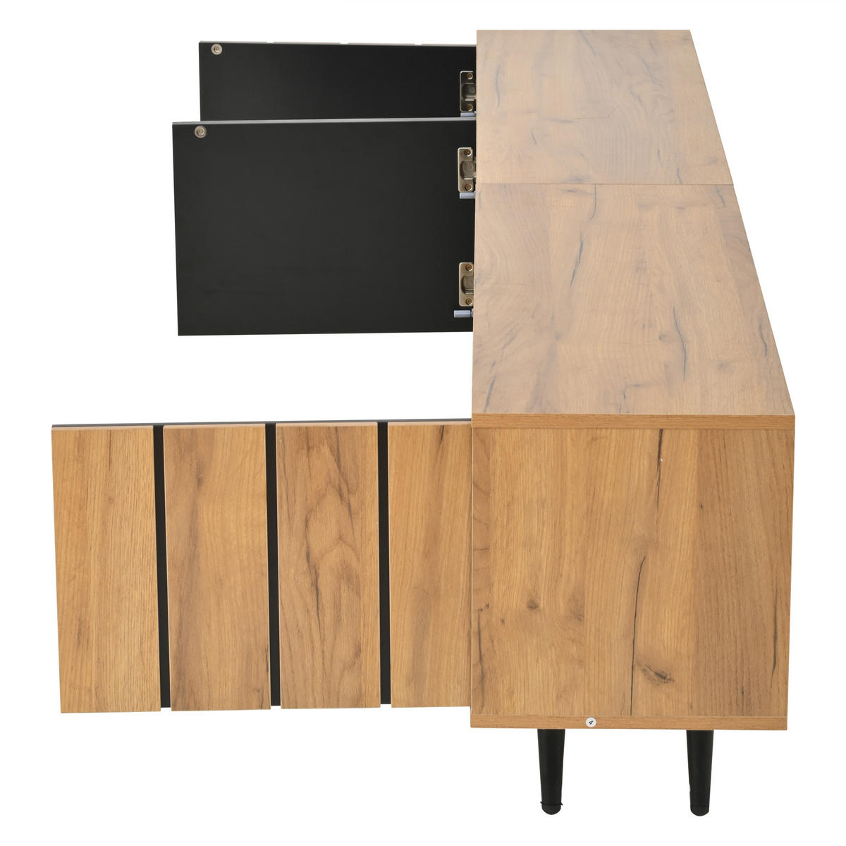 LOWBOARD 175/31.5/45 cm für 75 Zoll Holzoptik Schwarz Glas 6 Beine MDF Stauraum modern - Schwarz/Naturfarben, Glas/Holz (175/45/31.5cm) - EVRYAE