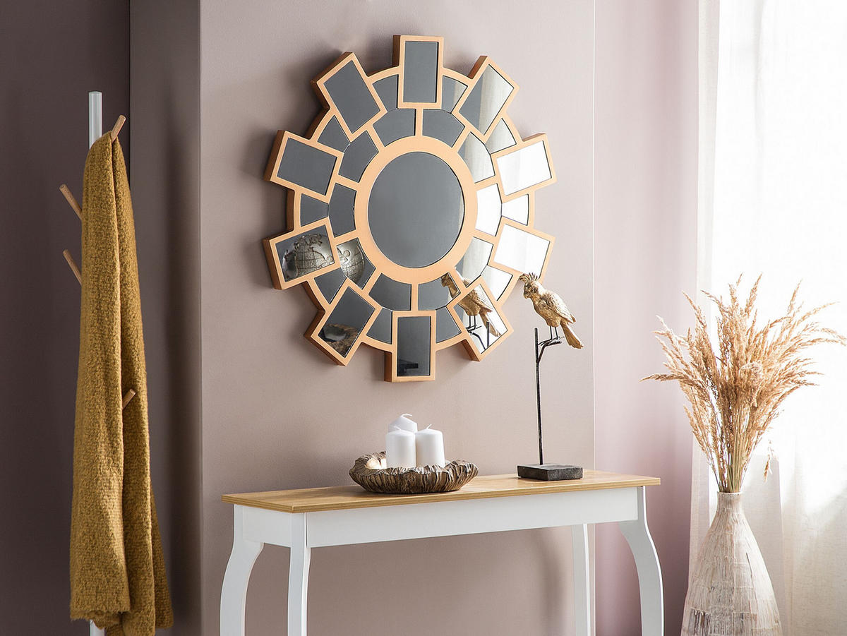 WANDSPIEGEL Sonnenform gold 80 cm Rozel - Goldfarben, Holzwerkstoff (80/80/3cm) - Beliani