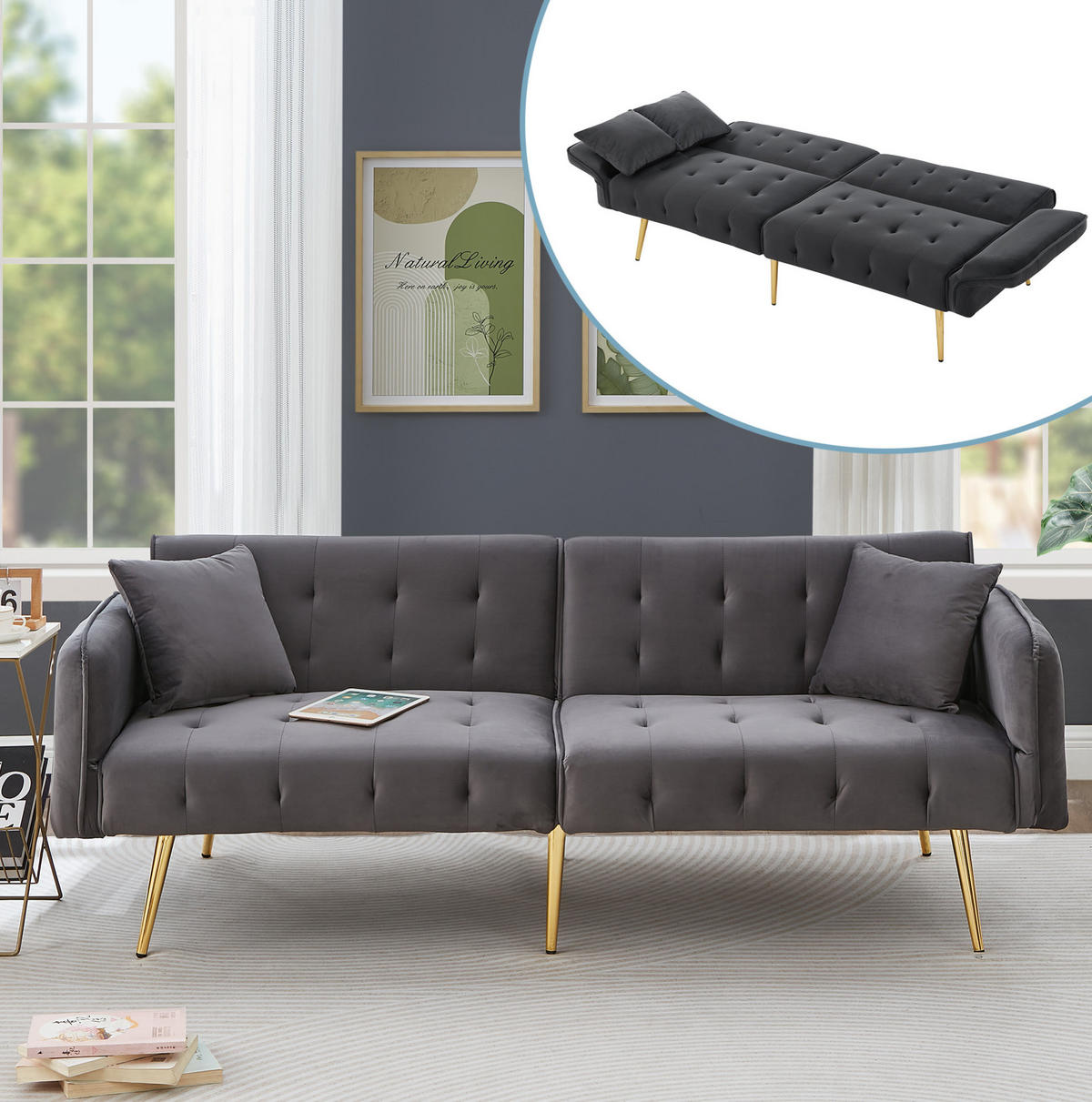 SCHLAFSOFA 2-Sitzer mit Liegefunktion 215 x 81,5 cm Velours Antique Gray - Grau, Kunststoff (178/70/82cm) - Meubliv