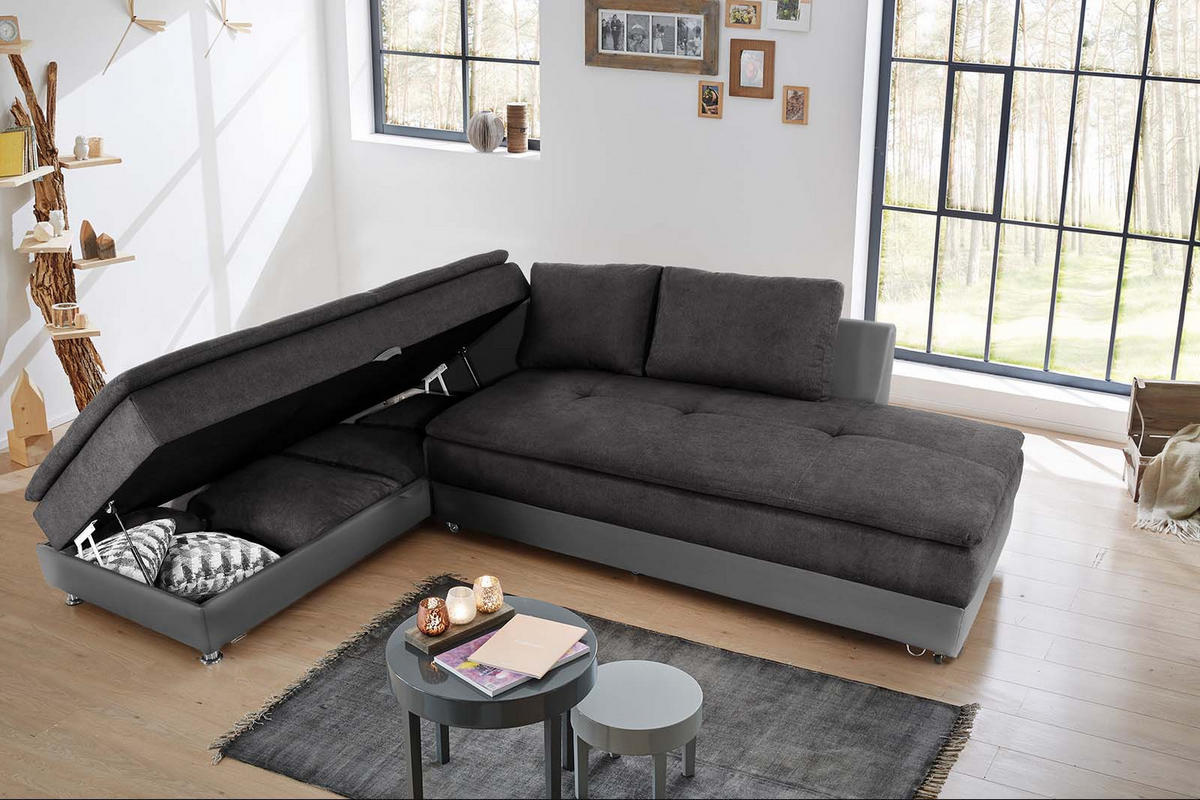ECKSOFA-DAUERSCHLÄFER Doppelbett Boxspring Federkern Topper, Schwenkteil rechts B306/T223/H95 cm, Kunstleder Grau+Mikrofaser Anthrazit / 15106 - Chromfarben/Anthrazit, Textil/Metall (306/223cm) - luma-home
