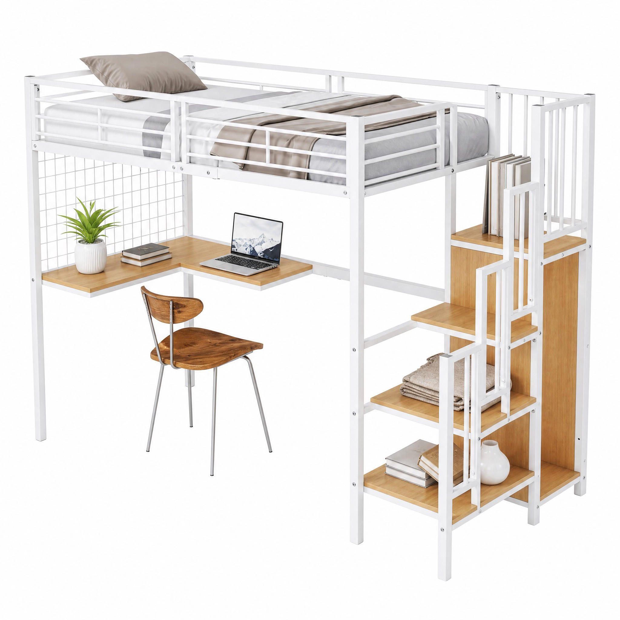 HOCHBETT mit Tisch und Kleiderschrank 90x200 cm Metall/Spanplatte Weiß/Natur - Weiß, Metall (90/200cm) - Meubliv