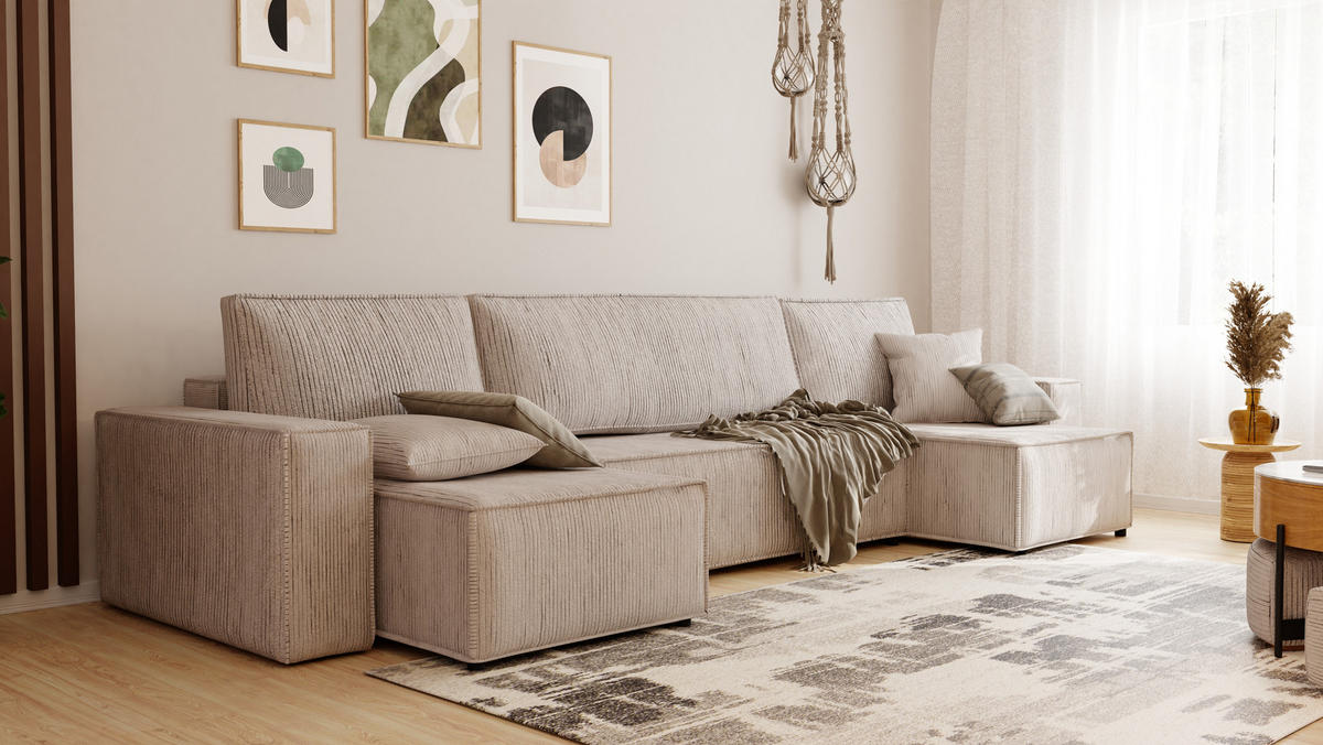 ECKSOFA mit Schlaffunktion und Bettkasten, Beige - Beige, Holzwerkstoff/Textil (312/145cm) - Idohome