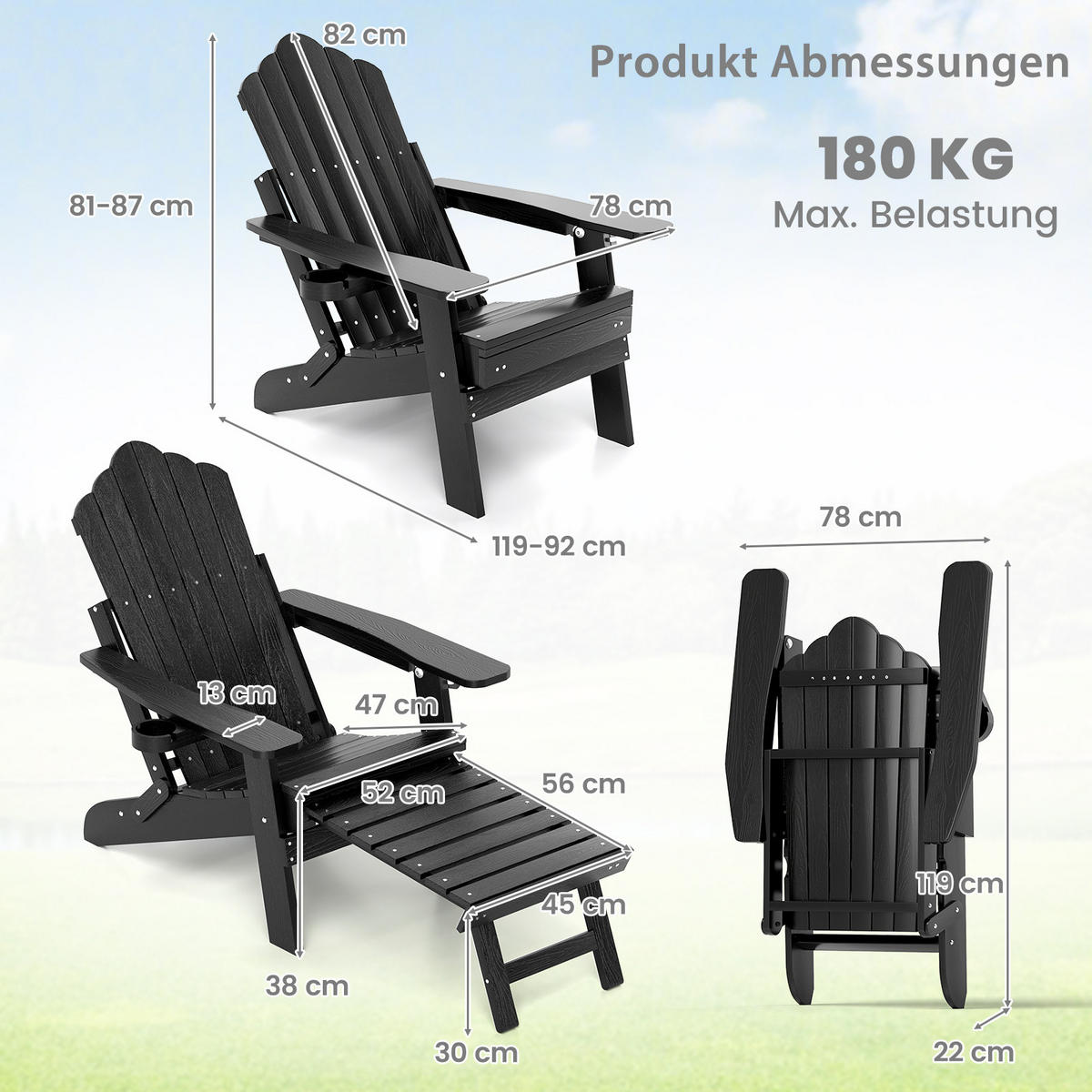 SONNENSTUHL Schwarz - Schwarz, Kunststoff (78/81/92cm) - COSTWAY
