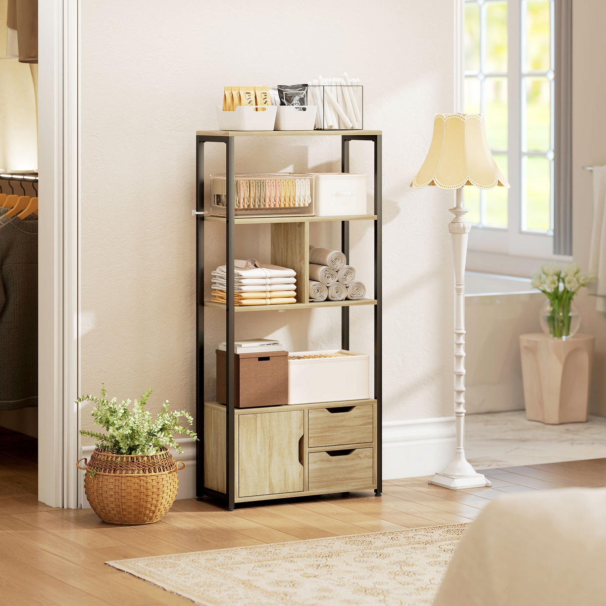 REGAL DE-15558 58/24/122 cm, 3 Ablagen und 2 Schubladen Naturholz/Schwarz - Naturfarben, Holzwerkstoff (58/122/24cm) - ComfortXL