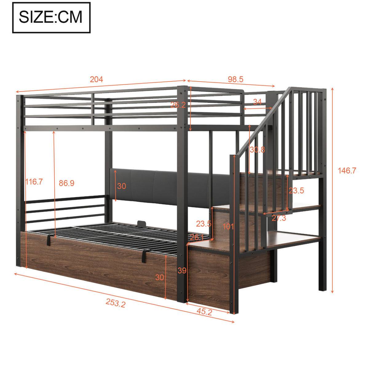 HOCHBETT 90/200 cm mit hydraulischem Bettkasten, PU-Rückenlehne und Stauraumtreppe, Schwarz - Schwarz, Kunststoff (90/200cm) - Redom