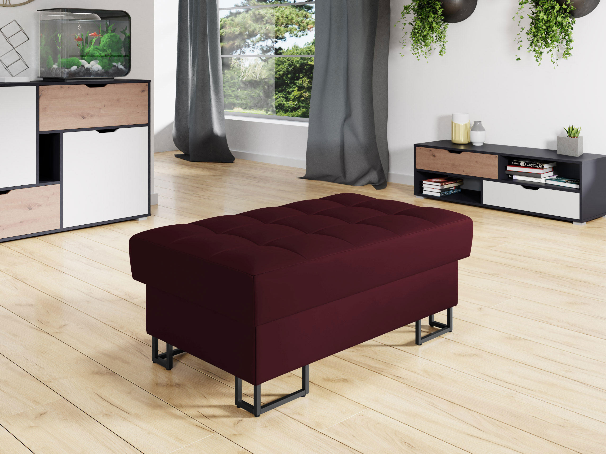 POLSTERHOCKER Laris - Bordeaux/Schwarz, Holz/Textil (106/44/67cm) - MIRJAN24