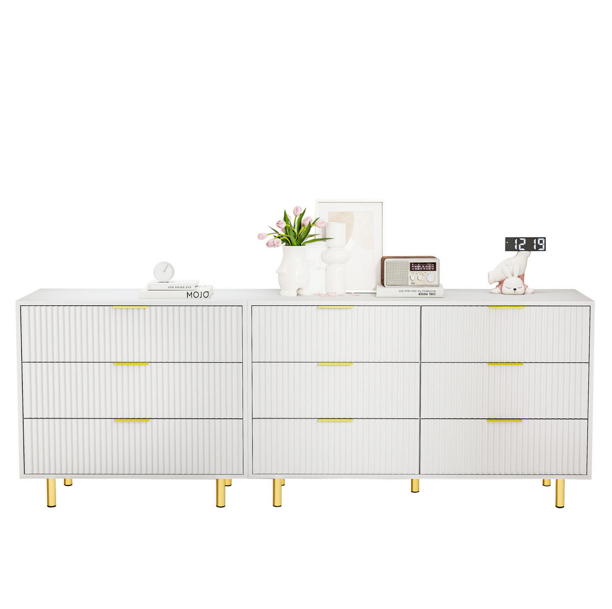 SIDEBOARD aus MDF 200x40x72 cm Weiß mit 9 Schubladen, modularer Aufstellung und goldfarbenen Metallbeinen - Weiß, Holzwerkstoff (200/72/40cm) - Modfu
