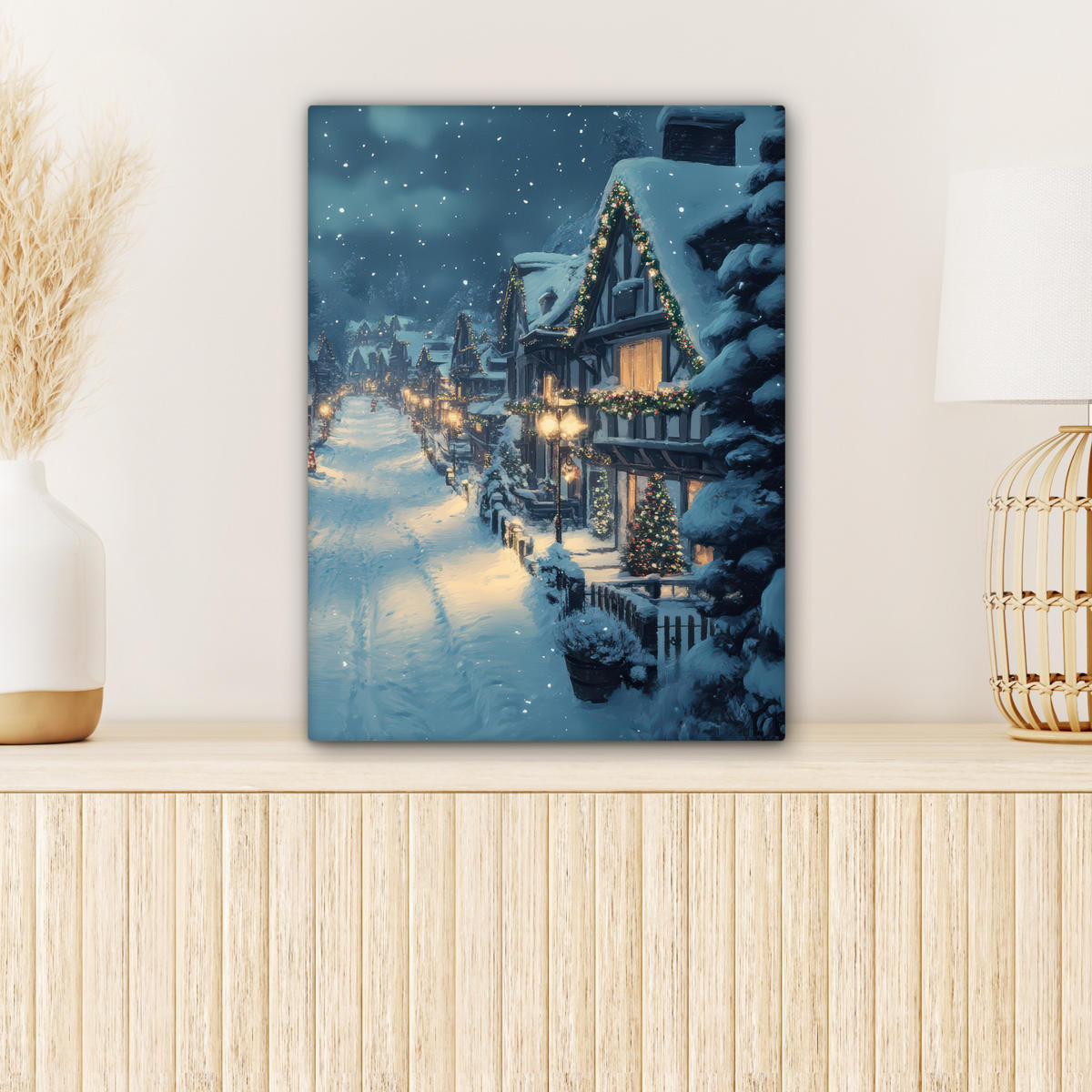 LEINWANDBILD Weihnachtsdorf - Weihnachten - Schnee - Winter Room Decor 30x40 cm - Dunkelblau, Textil (30/40cm) - MuchoWow
