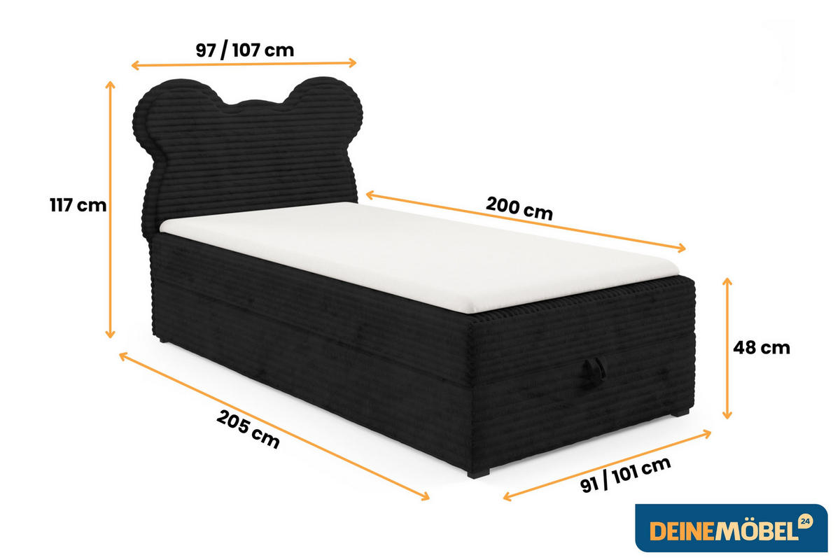 BOXBETT TEDDY 90/200 Cord-Samt Schwarz H4 - Schwarz, Holz/Holzwerkstoff (90/200cm) - Deine Möbel 24