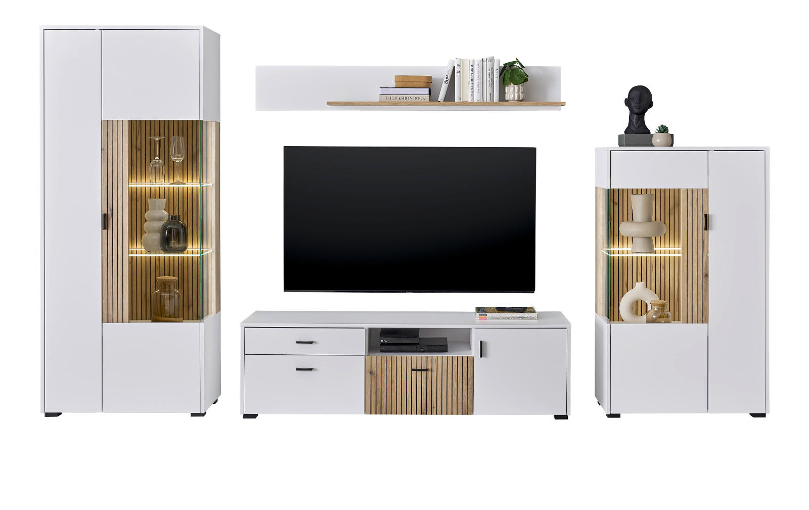 WOHNWAND weiß matt, Eiche 4-teilig 320 x 180 cm, Schrankwand mit viel Stauraum und Soft-Close - Eichefarben/Schwarz, Glas/Holzwerkstoff (320/180/42cm) - Furn.Design