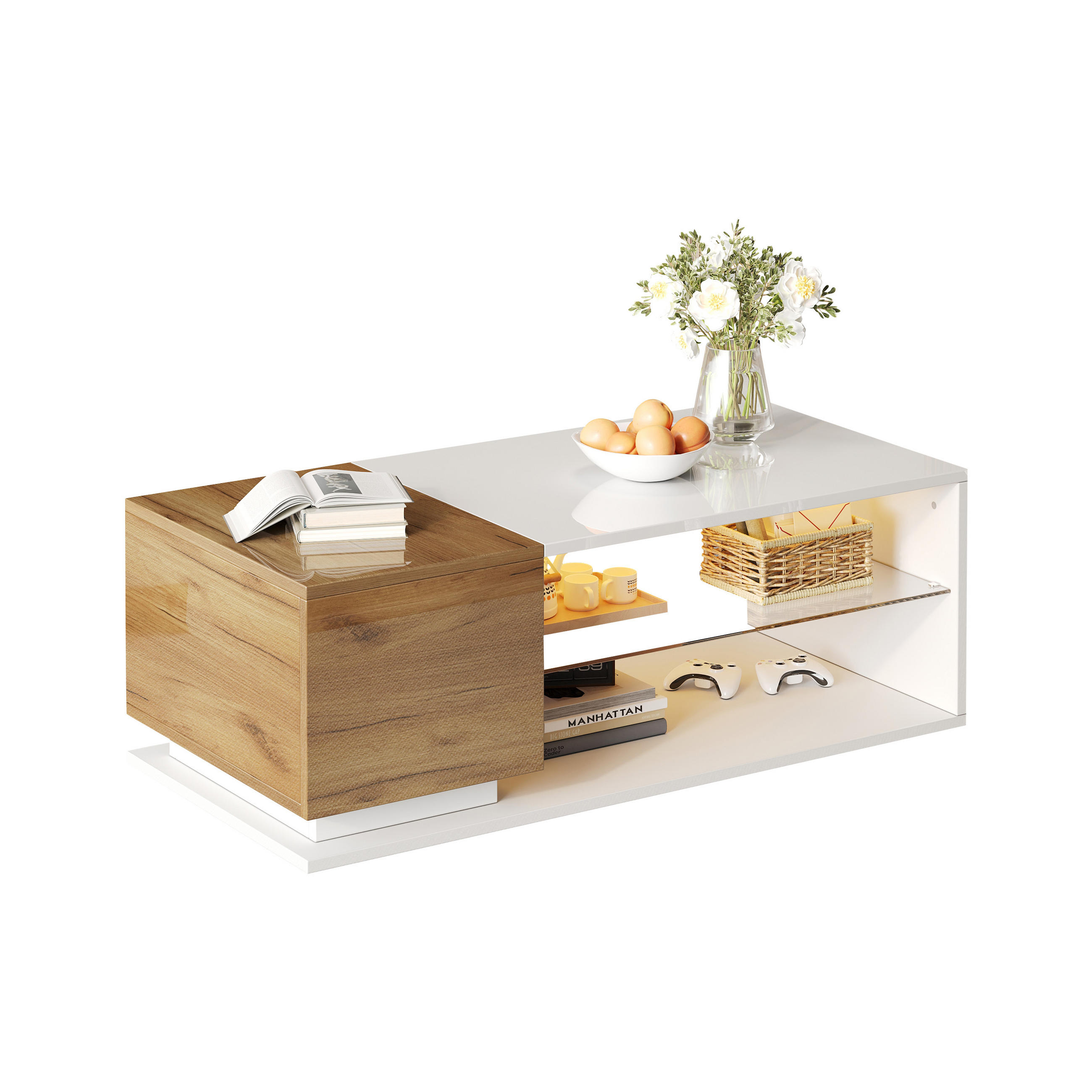 COUCHTISCH mit LED RGB App Steuerung & 29 Modi, Hochglanz Glas, Stauraum, Spanplatte/Glas - Eichefarben/Weiß, Glas/Holzwerkstoff (105/50/36cm) - EVRYAE