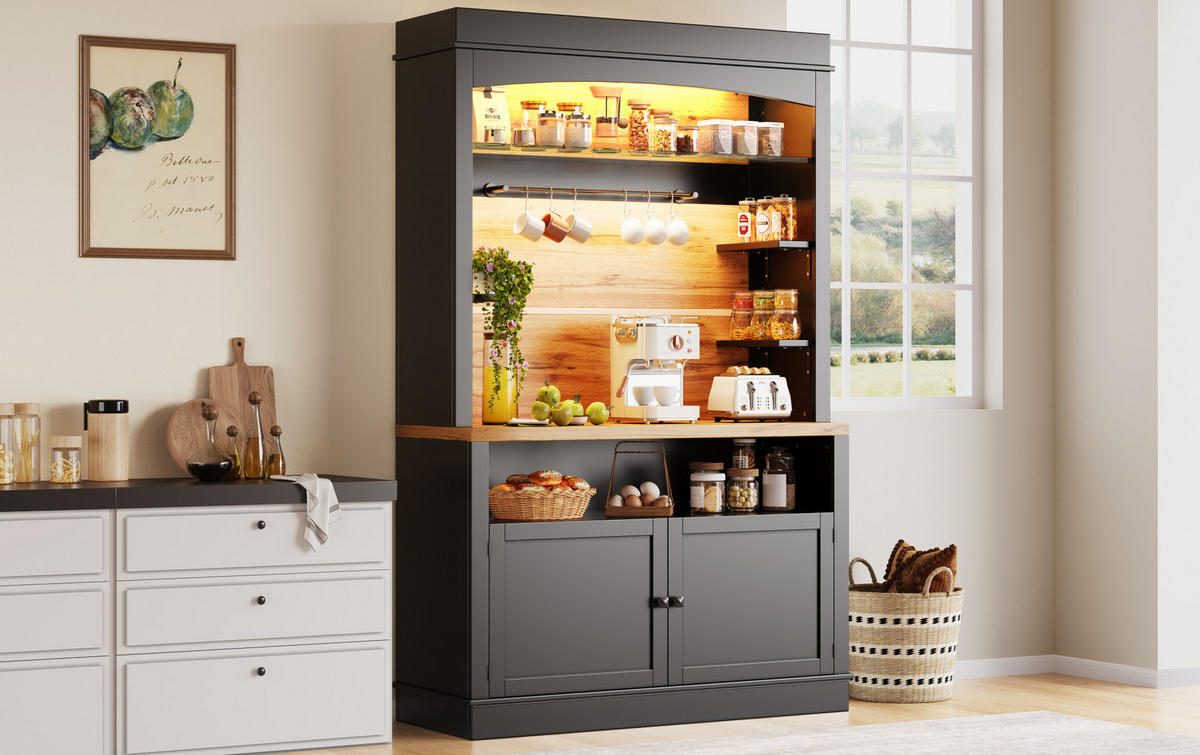 BUFFET 107/43/184 cm in Schwarz mit LED-Beleuchtung und viel Stauraum - Schwarz, Holzwerkstoff (107/184/43cm) - Flora Grace