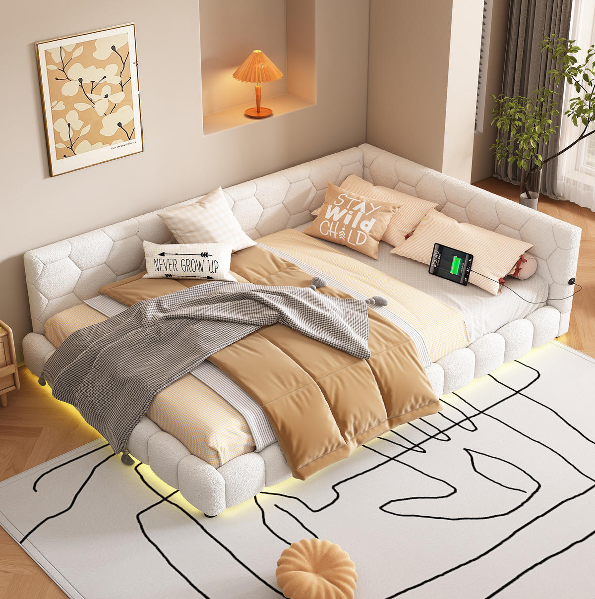 POLSTERBETT aus Vliesimitat 140x200 cm in Weiß mit LED & USB/Typ-C - Weiß, Textil (140/200cm) - Modfu