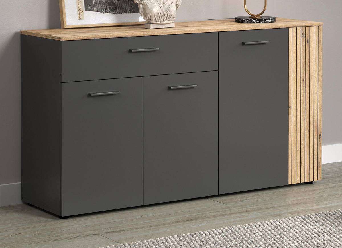 SIDEBOARD grau, Evoke Eiche 150 cm, Kommode 4-türig - Eichefarben/Schwarz, Holzwerkstoff/Kunststoff (150/83/32cm) - Top.Furn