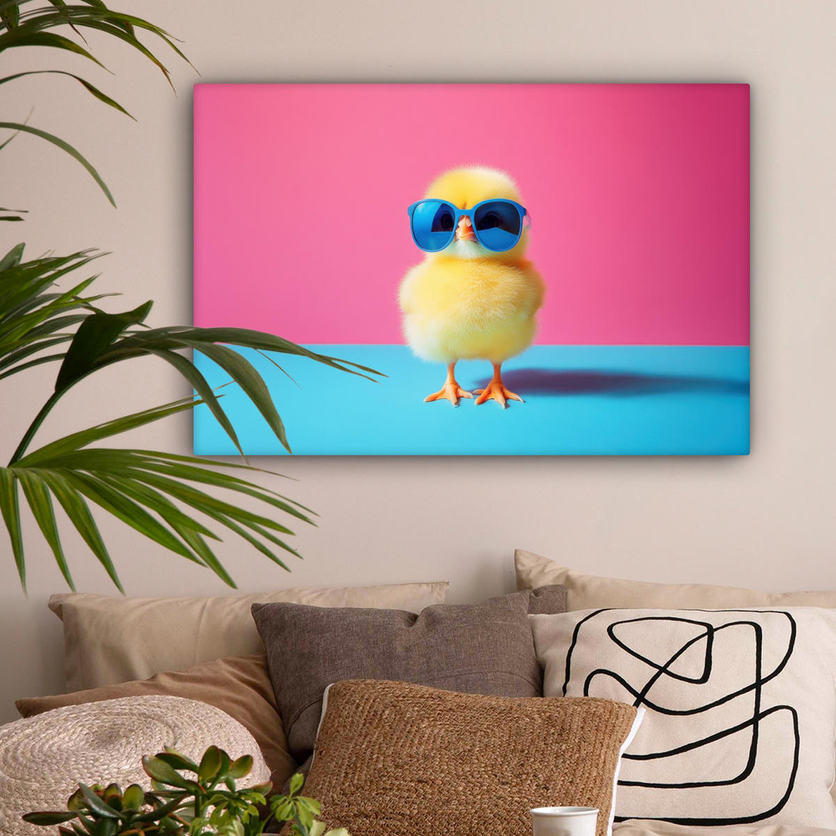 LEINWANDBILD Chick - Sonnenbrille - Blau Gemälde 60x40 cm - Pink/Gelb, Textil (60/40cm) - MuchoWow
