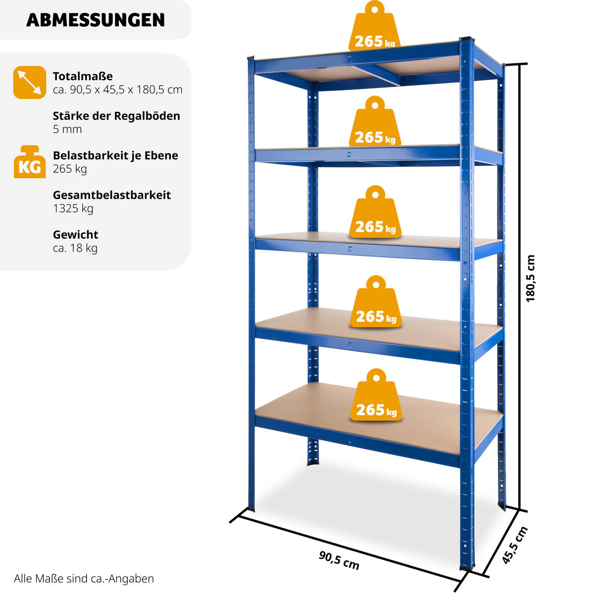 SCHWERLASTREGAL , 90,5 x 45,5 x 180,5 cm, blau - Blau, Metall (45.5/180.5/90.5cm) - tectake