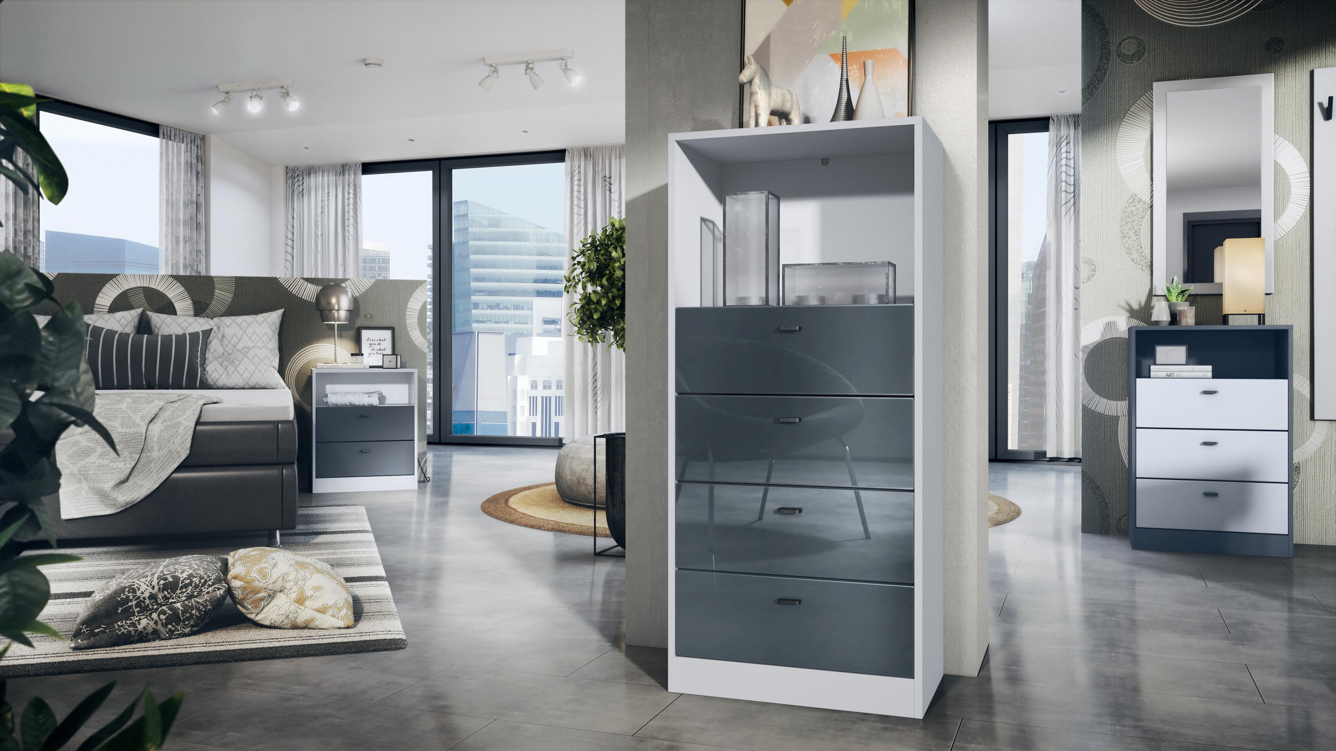 KOMMODE Pino Fronten in Grau Hochglanz - Grau, Holzwerkstoff (56/125/36cm) - Vladon