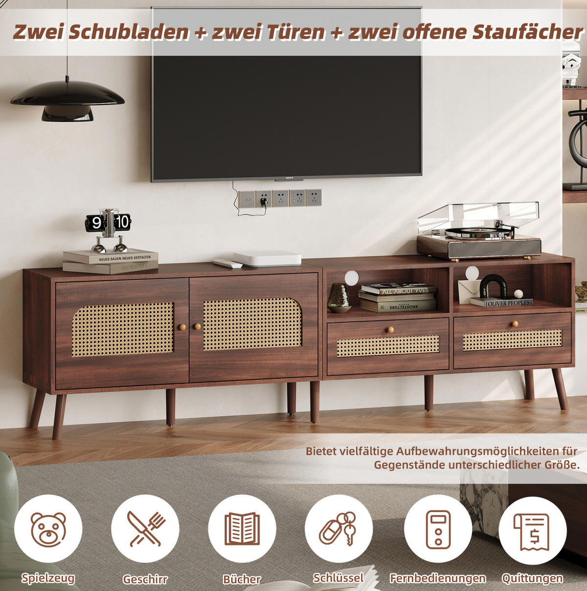 TV-LOWBOARD aus Spanplatte 200x37x49,5 cm Braun mit Rattantüren und 2 Schubladen - Braun, Holzwerkstoff (200/49.5/37cm) - IVMEU
