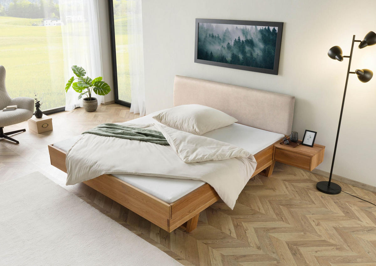 BETT mit Nachttisch Massivholz Eiche 200 x 200 x 86 natur FICHTELBERG #132 - Beige/Naturfarben, Holz (200/200cm) - Massivmoebel24