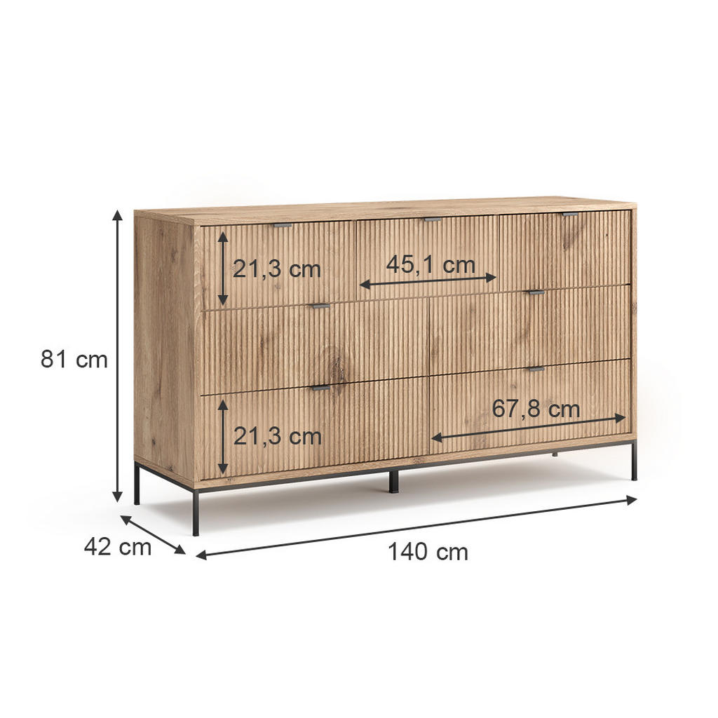 Thumbnail - Vicco Sideboard, Eiche, Holzwerkstoff, 7 Schubladen, Rechteckig, 140x81x42 cm, Wohnzimmer, Kommoden & Sideboards, Sidebo...